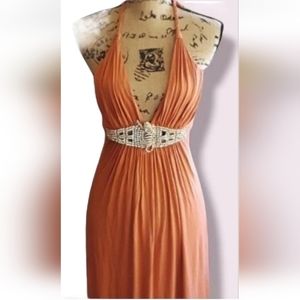 SKY BRAND WOMEN'S ORANGE HALTER LONG MAXI DRESS JEWELED TIGER RHINESTONES SZ S